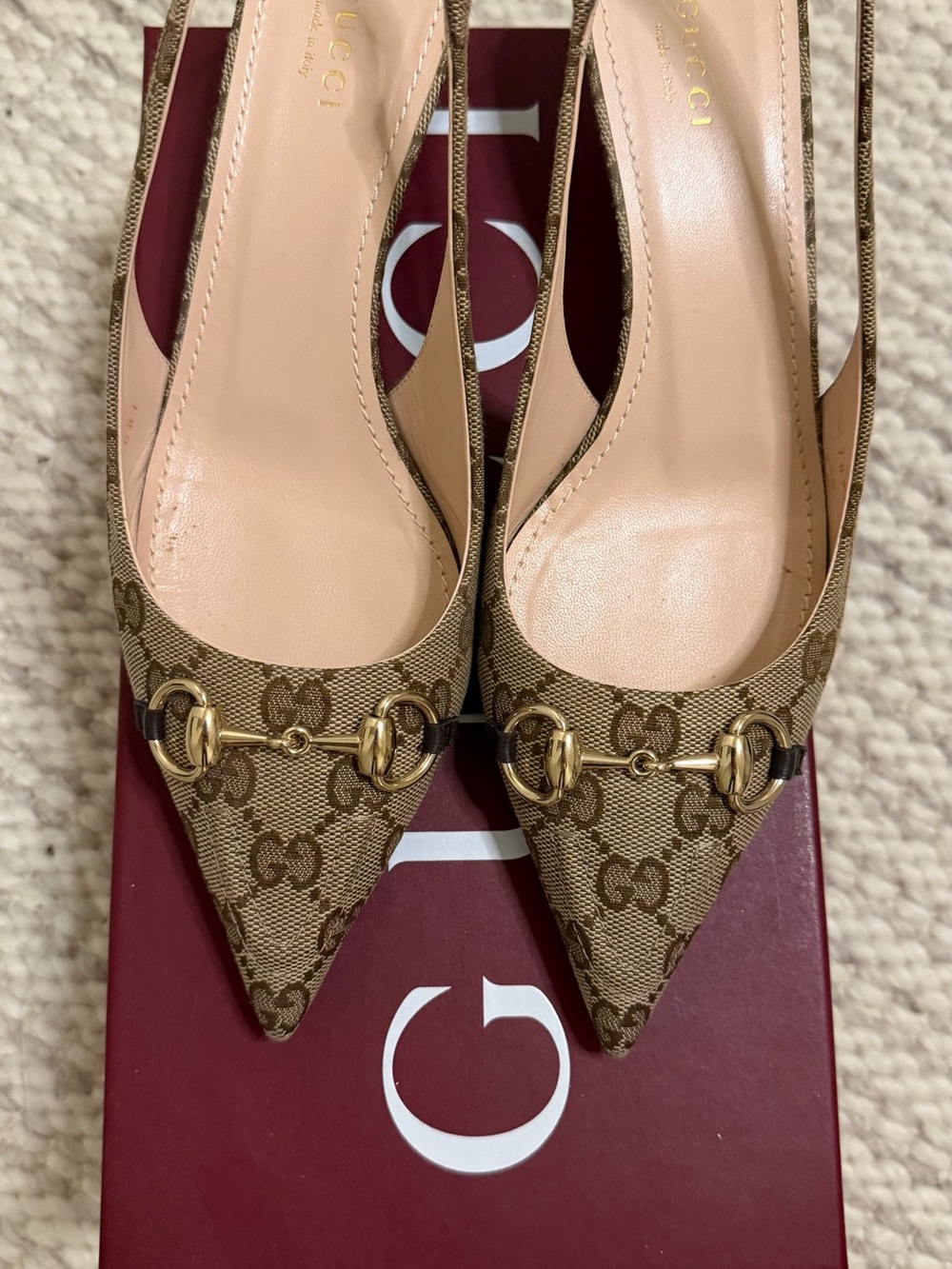 Gucci Brown GG Canvas Horsebit Pointed-Toe Slingback Heels